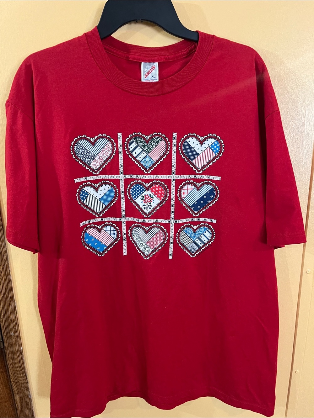 Jerzees Red Short Sleeve Tee with Patchwork Heart Grid